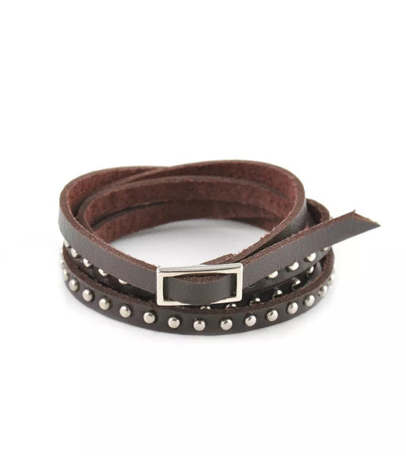 Ella Chocolate Leather Studded Wrap Bracelet Cuff - KITTY KAT