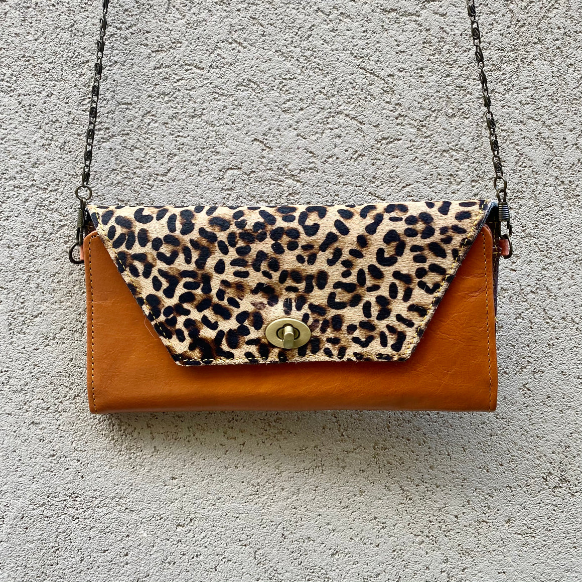 Harley Cowhide and Leather Crossbody Wallet Clutch - Sand Leopard, Dark Tan - KITTY KAT
