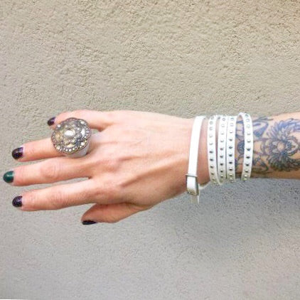 Ella White Leather Studded Wrap Bracelet Cuff - KITTY KAT