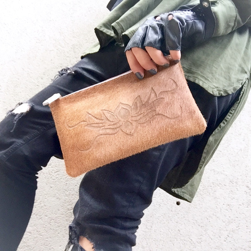 Lotus Flower Tan Cowhide and leather Clutch Pouch - KITTY KAT