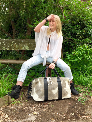 Hunter Cowhide and Leather Duffle Travel Bag -  Grey White Black Multi - KITTY KAT