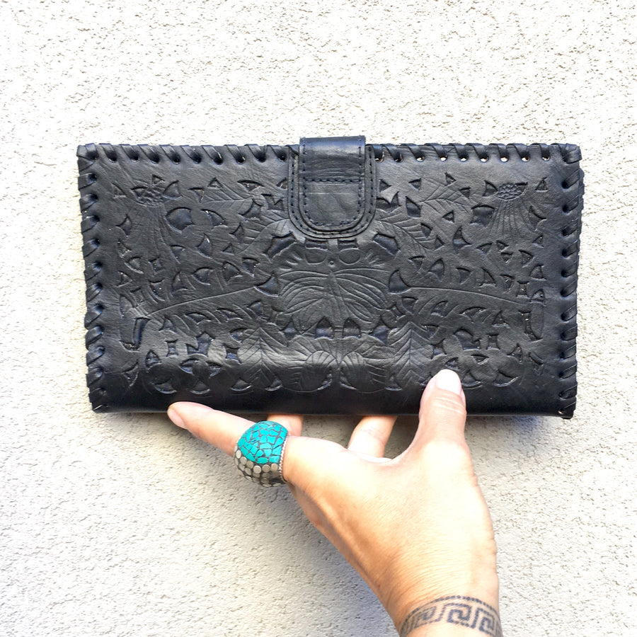 Ida Hand Carved Black Leather Travel Wallet - KITTY KAT