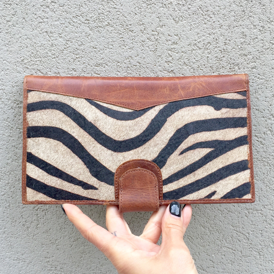 Dahlia Zebra Print Cowhide and Vintage Tan Leather Clutch Wallet - KITTY KAT