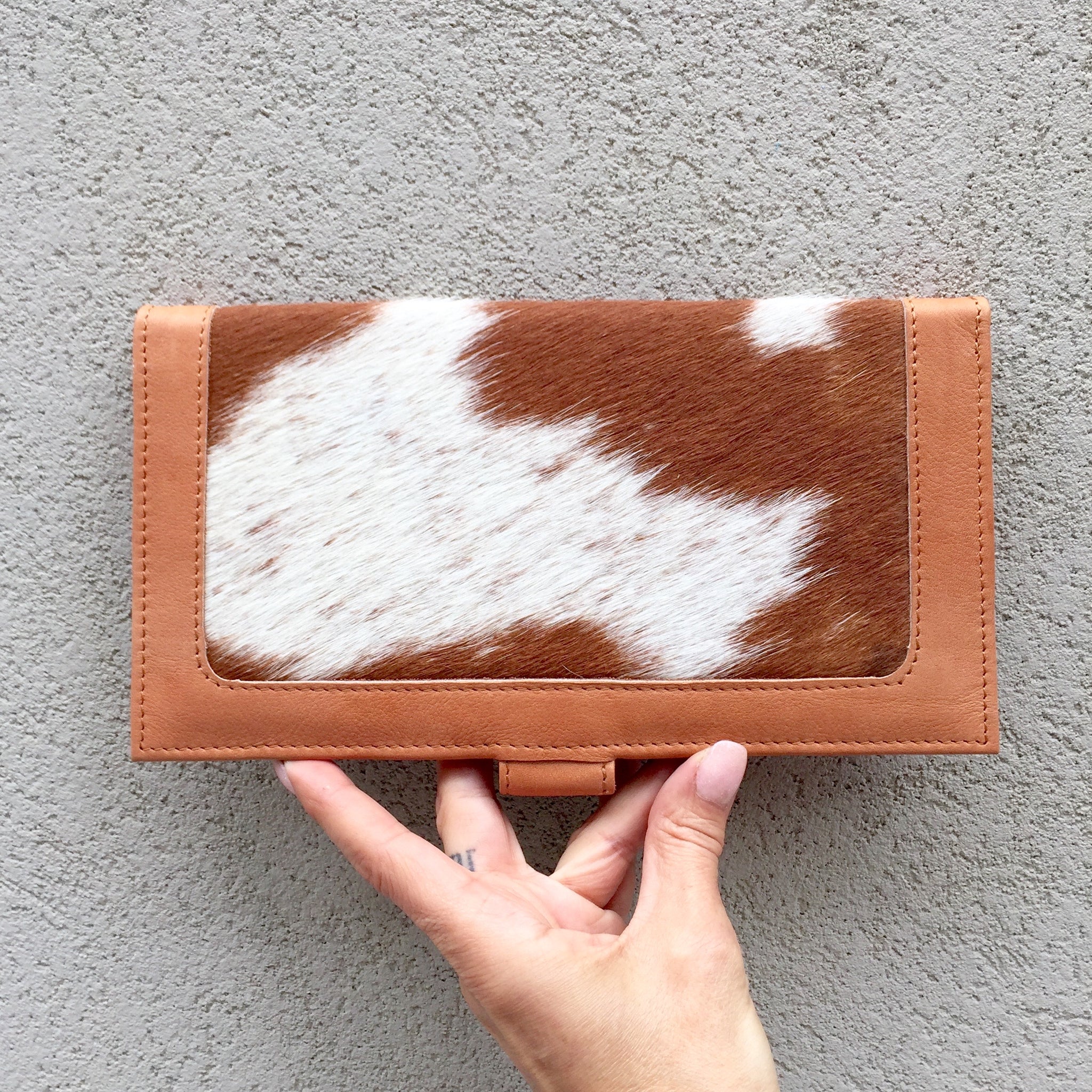 Kym Leather and Cowhide Clutch Wallet Tan White KITTY KAT