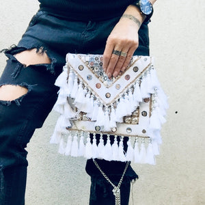 Jayne Bohemian White Fringed Festival Clutch Bag - KITTY KAT