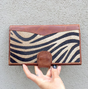 Dahlia Zebra Print Cowhide and Vintage Tan Leather Clutch Wallet - KITTY KAT