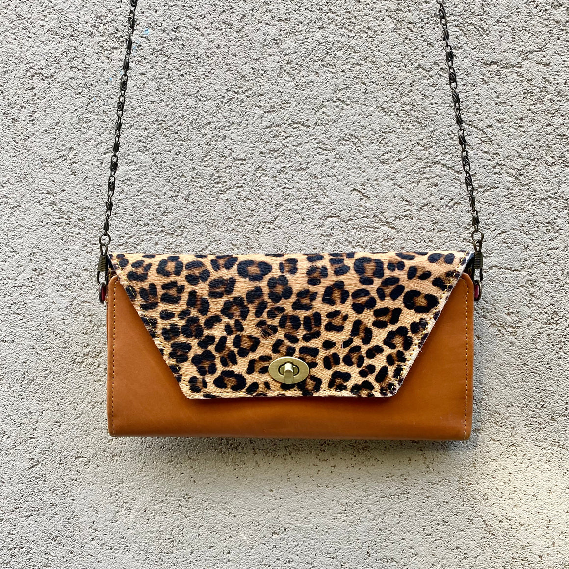 Harley Cowhide and Leather Crossbody Wallet Clutch - Leopard, Apricot Tan - KITTY KAT