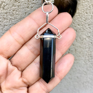Black Obsidian Crystal Point Keyring Bag Charm - KITTY KAT