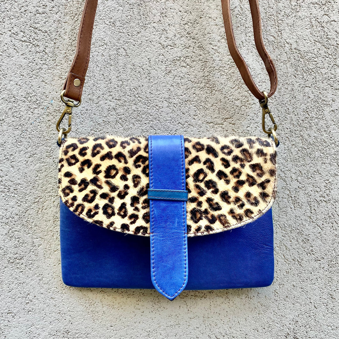 Dakota Cowhide and Leather Crossbody Clutch Bag - Leopard, Blue, Green - KITTY KAT