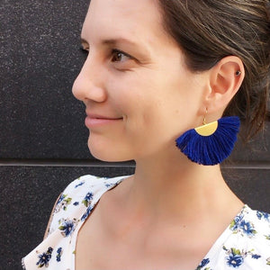 Cassandra Blue Bohemian Half Moon Brass Cotton Earrings - KITTY KAT