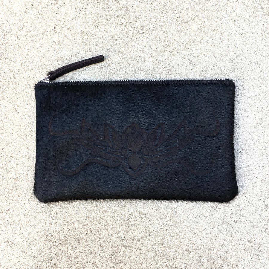 Lotus Flower Black Cowhide and Leather Clutch Pouch - KITTY KAT