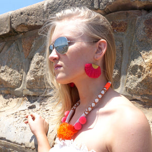 Cassandra Pink Bohemian Half Moon Brass Cotton Earrings - KITTY KAT