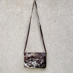 Sahara Reversible Cowhide & Leather Crossbody Clutch Bag - Speckled Chocolate White - KITTY KAT