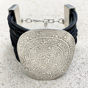 Marlow Leather & Plated Silver Disk Bracelet Cuff - KITTY KAT
