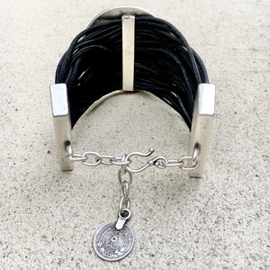 Marlow Leather & Plated Silver Disk Bracelet Cuff - KITTY KAT