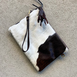 Sahara Reversible Cowhide & Leather Crossbody Clutch Bag - Chocolate White - KITTY KAT
