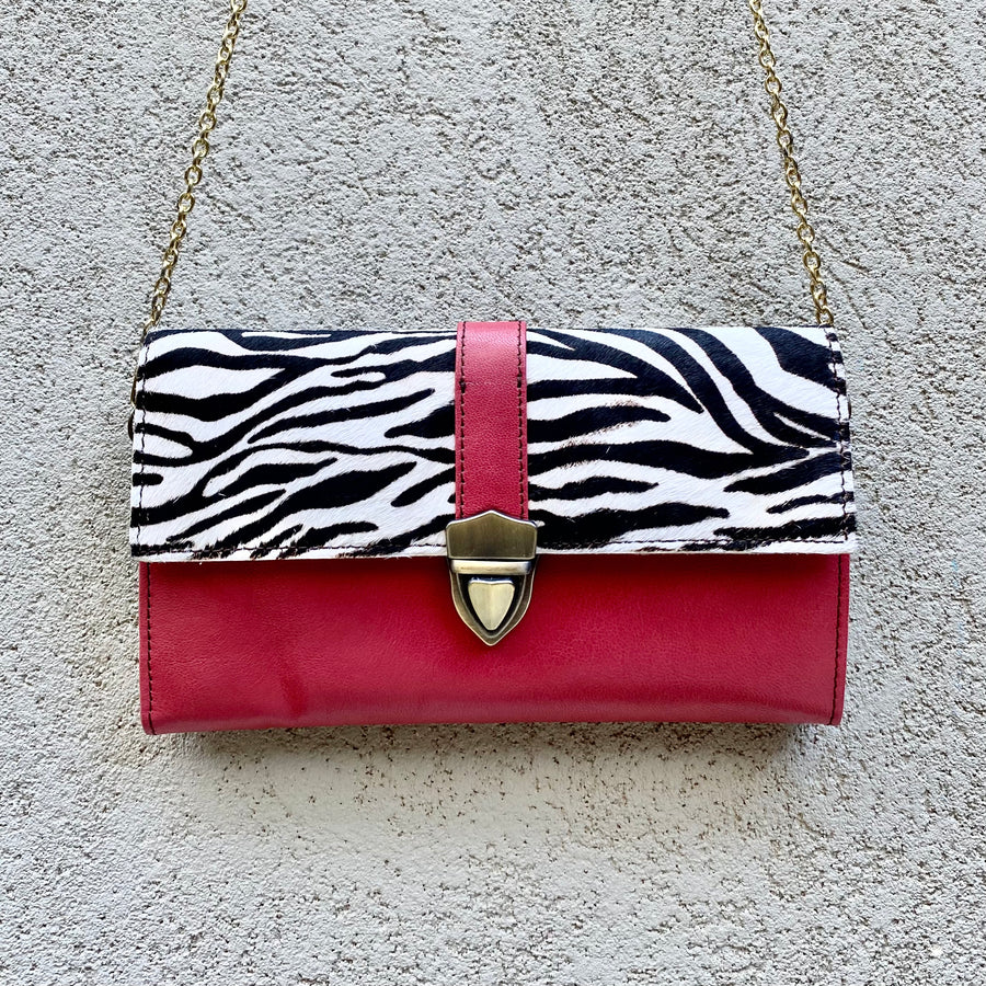 Pixie Cowhide and Leather Crossbody Wallet Clutch Bag- Zebra, Pink, Black - KITTY KAT